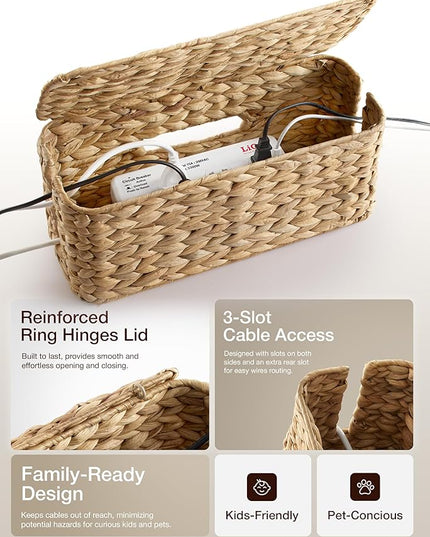 TIDITA Set of 2 Wicker Large Cable Management Box - Cord Box Hider for Home, Office - Water Hyacinth Cable Hider Box, Surge Protector Box for TV Wires, Computer - Power Strip Box - 3 Slots, Secure Lid