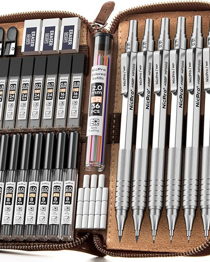 Nicpro 33PCS Metal Mechanical Pencil Set in Leather Case, Art Drafting Pencil 0.3, 0.5, 0.7, 0.9 mm, 2mm Lead Pencil Holders for Sketching Drawing With 18 Tube (6B 4B 2B HB 2H 4H Colors) Lead Refills