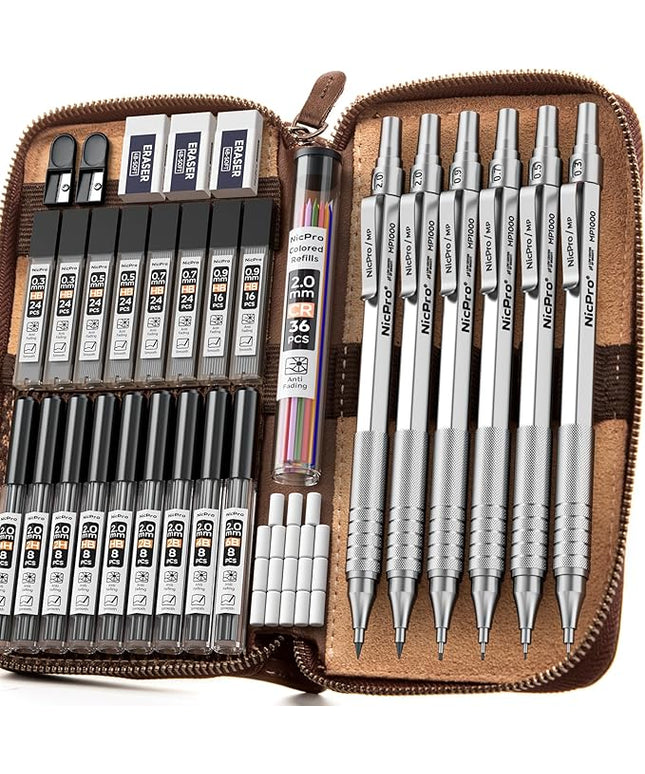 Nicpro 33PCS Metal Mechanical Pencil Set in Leather Case, Art Drafting Pencil 0.3, 0.5, 0.7, 0.9 mm, 2mm Lead Pencil Holders for Sketching Drawing With 18 Tube (6B 4B 2B HB 2H 4H Colors) Lead Refills