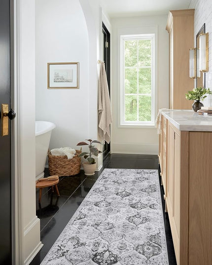 Lahome Moroccan Trellis Washable Runner Rug, 2x6 Kitchen Runners for Hallways 6 Feet Non Slip, Vintage Laundry Room Rug Ultra-Thin Long Carpet for Bathroom Bedroom Entryway, Silver/Grey