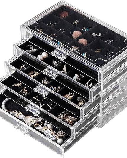 Frebeauty Acrylic Jewelry Organizer Earring Organizer Box with 5 Drawers Earring Holder Organizer with Velvet Trays Clear Jewelry Box for Women Earring Display for Rings Studs(Black)