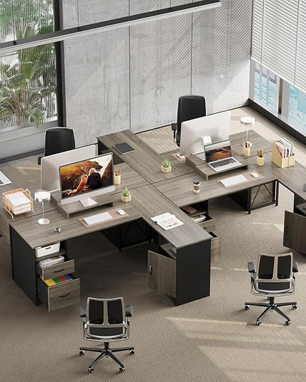 Bestier L Shaped Desk with File Drawers, 63" x 47" Office Computer Desk with Storage Cabinet, Corner Desk with Monitor Stand & Modesty Panel for Home Office, Gray