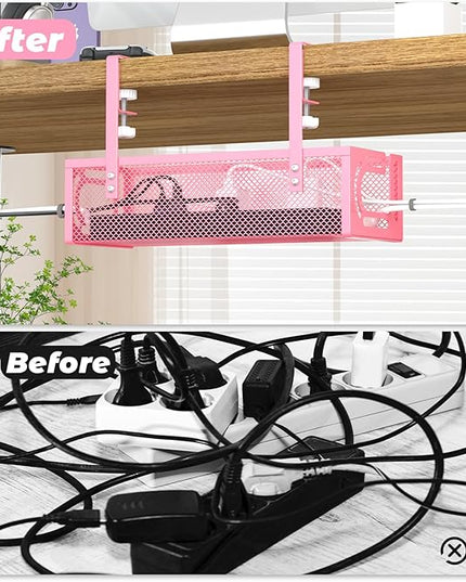 Under Desk Cable Management Tray, 15.7'' No Drill Steel Desk Cable Organizers, Wire Management Tray Cable Management Rack (1 Pack-Pink)