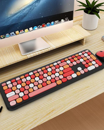Wireless Keyboard and Mouse Combo, Colorful Ergonomic Full Size Retro Low-Noise Keyboard with Cute keycaps, Compatible with Windows, PC, Perfer for Home and Office Keyboards (Black)