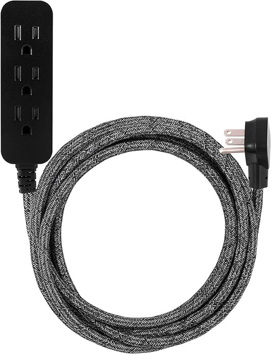 Cordinate 3-Outlet Power Strip Extension Cord with Multiple Outlets 15 Ft Braided Long Cord, Grounded Flat Plug, ETL Listed Gray 50012
