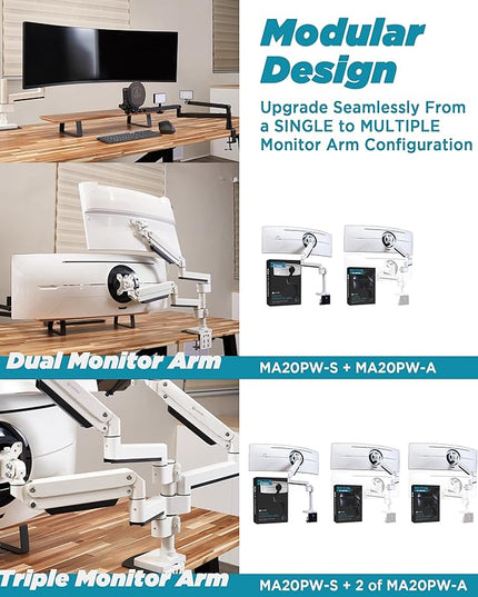 Heavy Duty Monitor Arm for Ultrawide Monitors up to 57" and 44 lbs, Single Desk Stand, Pneumatic Height Adjustable, Modular Extension Arms - Max VESA 100x100, White, MA20PW-S