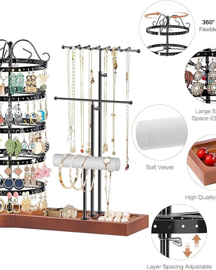 KALYLOC Jewelry Earring Holder Organizer, Adjustable 5 Tiers Rotating Earring Holder 3 Tier Necklace Holder with Wooden Base, Multi-Functional Jewelry Organizer Display Stand for Studs Bracelet Women