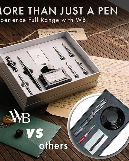 Wordsworth & Black Fountain Pen Gift Set, Includes Ink Bottle, 6 Ink Cartridges & A Refill Converter, 4 Replacement Nibs, Premium Package, Journaling, Calligraphy, Smooth Writing Pens [Black Chrome]