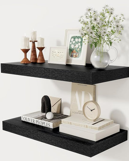 12 Inch Deep Black Floating Shelves, 24 x 12 Floating Shelf for Books, Rustic Wood Deep Wall Shelves for Home Storage & Display, 2" Thicked Shelves for Kitchen, Living Room, Bedroom, 2 Pack