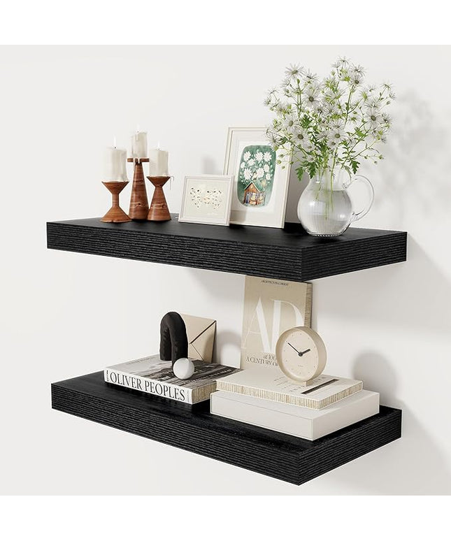 12 Inch Deep Black Floating Shelves, 24 x 12 Floating Shelf for Books, Rustic Wood Deep Wall Shelves for Home Storage & Display, 2" Thicked Shelves for Kitchen, Living Room, Bedroom, 2 Pack
