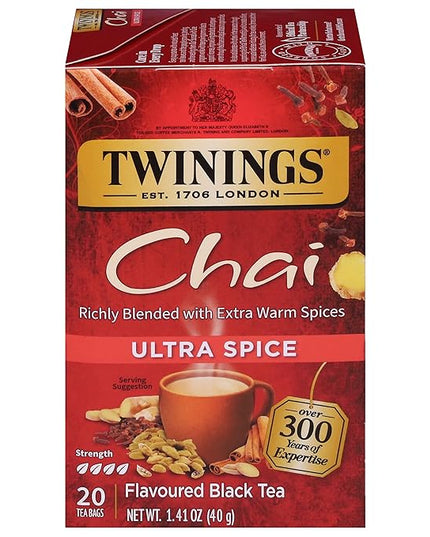 Twinings Ultra Spice Chai Black Tea Individually Wrapped Bags, 20 Count (Pack of 1), Sweet, Savoury Spices, Caffeinated, Enjoy Hot or Iced, 20 Teabags