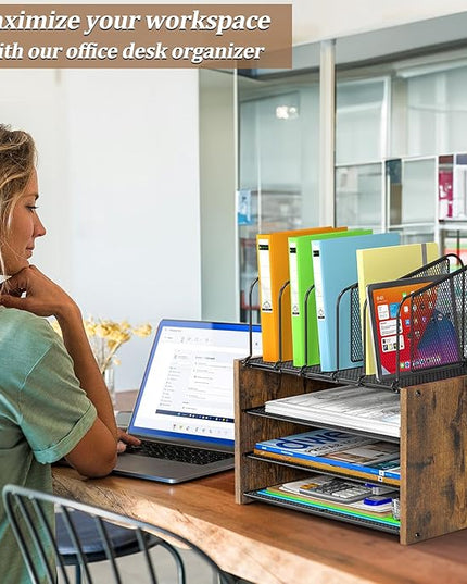 4-Tier Desk Organizer, Desk File Organizer with 5 Vertical File Holders, Office Desktop Organizer with 3 Level Paper Organizer Letter Tray, Wooden Desk Organizers and Accessories for Home Office