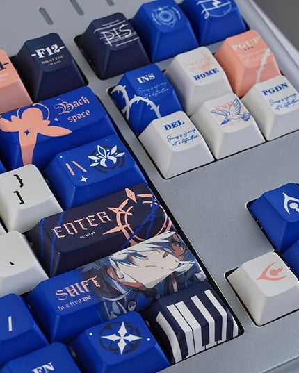 PBT Material Keycaps 130 Keys，Japanese Anime Style Keycaps Cherry Profile Dye Sublimation Keycap Blue White Custom Key Cap Set for Mechanical Keyboard 61/64/75/84/87/104/108 Layout