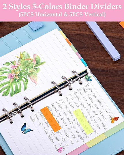 Antner A6 Refill Paper Planner Inserts for A6 6 Ring Notebook Binder, 135 Sheets Lined Filler Paper, 3 Binder Pockets & 10 Dividers & 160PCS Neon Sticky Tabs for Refillable Personal Planners Journals