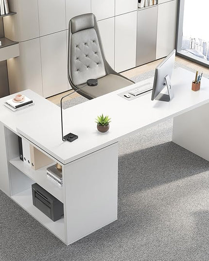 HSH White L Shaped Desk with Drawers Shelves, 360 Rotating L Shape Computer Desk with Storage Cabinet, Corner Home Office Desk Computer Table，55 Inch