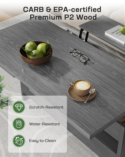 Marsail 40" Lift Top Coffee Table, 4 in 1 Coffee Table with Hidden Compartment, 1 Open Shelf and 2 Drawers, Multifunctional Farmhouse Center Table for Living Room and Home Office, Gray
