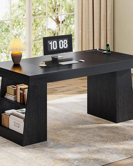 55.9 in Executive Desk with Power Outlets, Modern Home Office Desk with Storage Shelves, Wood Computer Desk Business Workstation Desk Conference Table, Black (Storage Shelves)