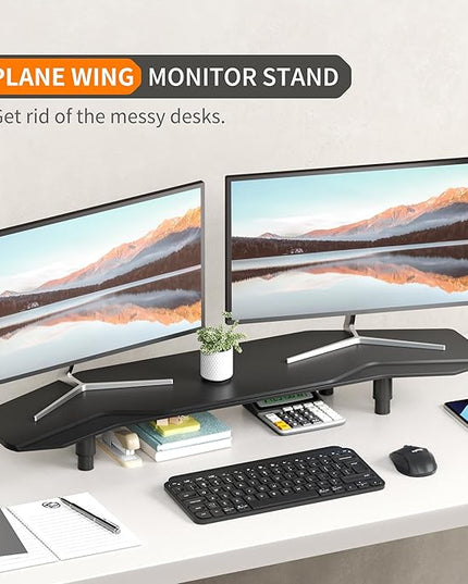 39.4 Inch Dual Monitor Stand Riser Black,Plane Wing-Shaped Sturdy Computer Desk Riser for 2 Monitors, Adjustable Length and Wood Monitor Stand for Laptop, Computer,Extra Long