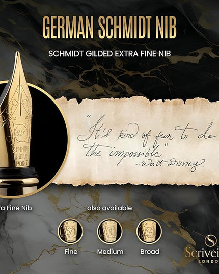 Scriveiner Luxury Fountain Pen - Stunning Black Lacquer Pen, Real Gold Finish, Schmidt Gilded Nib (Extra Fine), Converter, Best Pen Gift Set for Men & Women, Professional, Executive, Office, Nice Pens