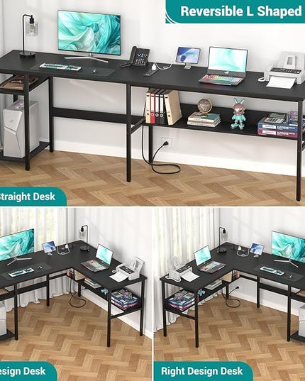 Reversible L Shaped Computer Desk with Power Outlets and USB Charging Ports, Sturdy Corner Desk with Storage Shelf, Modern Work Gaming Table for Home Office, Easy to Assemble, Black