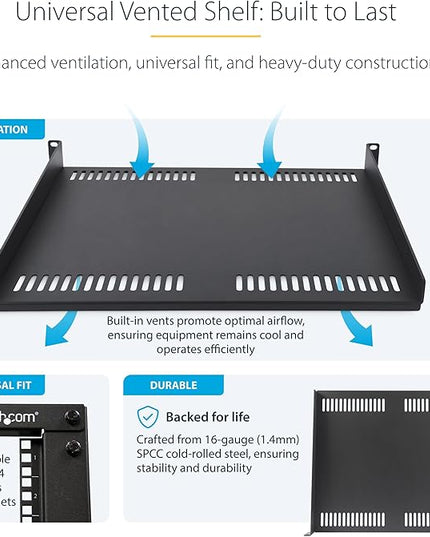 StarTech.com 1U Vented Server Rack Shelf, 16in (40cm) Mounting Depth, Cantilever Tray, Heavy-Duty Steel, 30lb/14kg Capacity