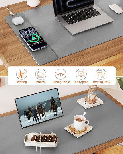 TopMade Mouse Pad with 15W Wireless Charging, XXL Large Leather Desk Mat, Waterproof Gaming Mousepad Home Office Desk Pad Protector, Computer Keyboard Pad, Mouse Mat for MacBook, PC, Laptop, Gray