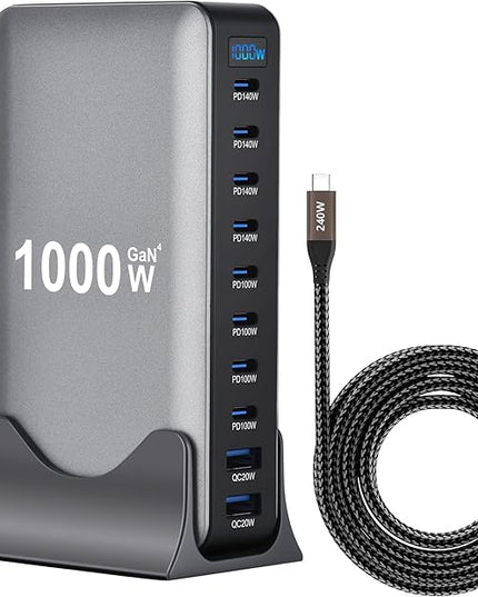 1000W 10-Port GaN 4 Desktop Charging Station with 240W 6.6 ft Data Cable - Compatible with Tablets, Phones, Laptops, Gaming Consoles, Headphones