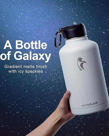 Half Gallon Water Bottle Insulated with Straw&3 Lids, Coolflask 64 oz Water Jug Galaxy Large Metal Stainless Steel flask for Gym, Sports and Office, Keep Cold 48H Hot 24H, Arctic White