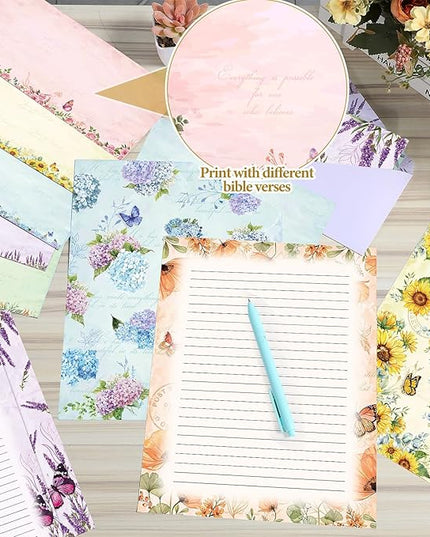 Funrous 90 Pcs Stationary Paper and Envelopes Set, Christmas 60 Sheets Floral Letter Paper and 30 Envelopes, 8.5 x 11 Inch Lined Writing Sheet for Wedding Religious Xmas Party Invitation Gift Decor