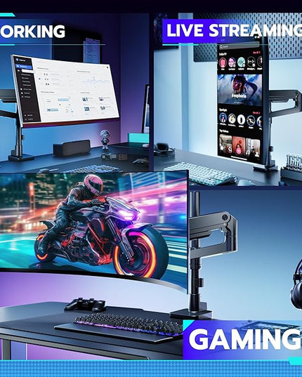 ARES WING Single Monitor Arm Desk Mount for 17-49 Inch Ultrawide Monitors, Heavy Duty Single Monitor Arm Holds 44 lbs, Full Motion Gas Spring Vertical Desk Mount, 75/100 VESA Mount, Black