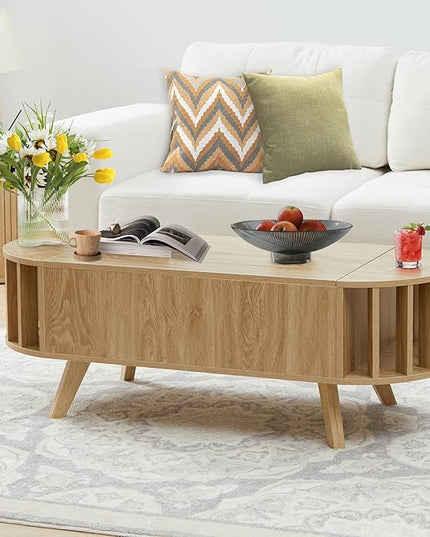 Janmer Home Small Lift Top Coffee Table with Storage, 47.3" Mid Century Modern Curved Coffee Table, Oval Center Table with Lift Tabletop for Living Room, Office (Natural)