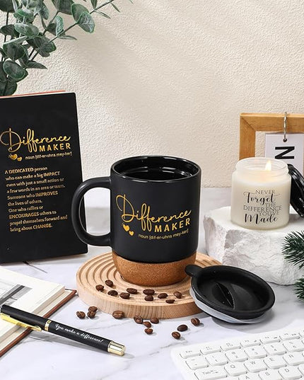4 Pcs Difference Maker Gift for Women Men Teacher Employee Appreciation Gift for Coworker Staff Coach Difference Maker Mug Notebook Scented Candle Motivational Ballpoint Pen for Valentines(Black)