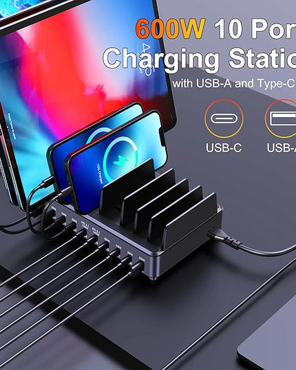 Aftertop 600W USB C Charging Station for Multiple Devices, 10 Ports PD3.1 140W PPS 45W QC60W Fast Charging Block for MacBook Pro Laptop, iPad, iPhone 16 15 Pro Max, Galaxy S24/S23 Ultra etc