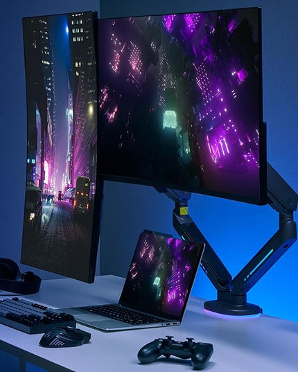 AVLT Dual 27”-43” RGB Gaming Monitor Arm Desk Mount Built-in 20 Lighting Modes Touch Button Control Fits Flat/Curved/Ultrawide Screen Height Swivel Tilt Rotation Adjustable Stand -Black