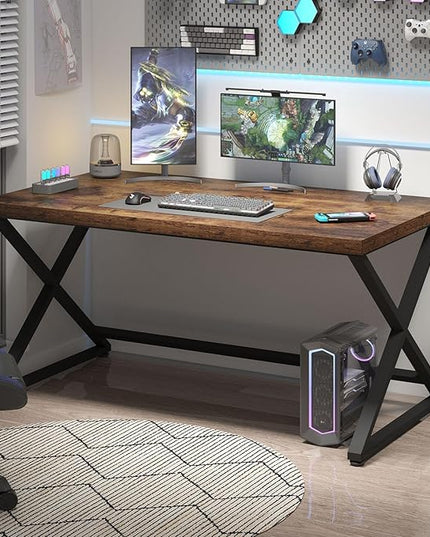 IBF Rustic Computer Desk, Industrial 47” Home Office Desk, Farmhouse Wood Metal Work Desk for Writing Study, Vintage Minimalist Executive Workstation PC Gaming Table in Bedroom, Rustic Brown
