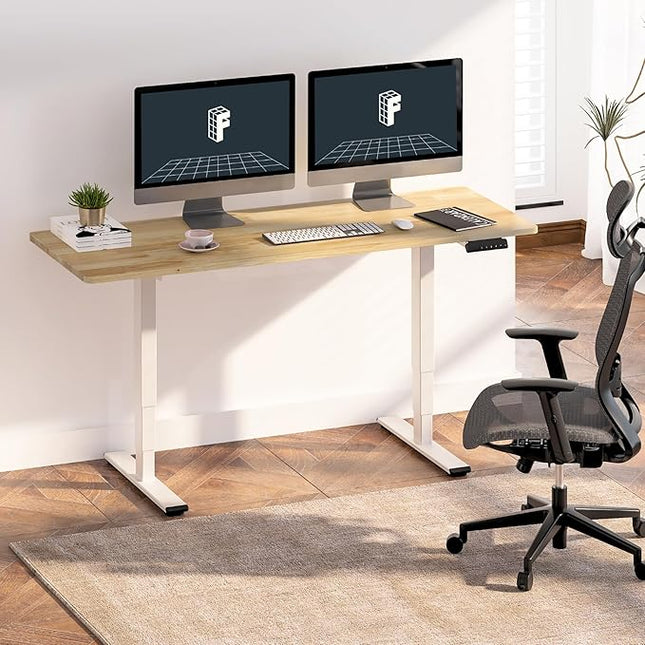 FlexiSpot E6 Solid Wood 3-Stage Dual Motor 55 x 24 Electric Standing Desk, Holds 220 lbs, Adjustable Height w/ Memory Presets, Butcher Block Rubberwood Desktop & White Frame, Ships in 2 Boxes