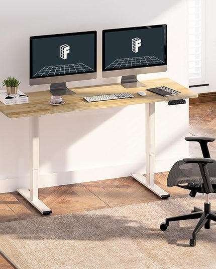 FlexiSpot E6 Solid Wood 3-Stage Dual Motor 63 x 24 Electric Standing Desk, Holds 220 lbs, Adjustable Height w/ Memory Presets, Butcher Block Rubberwood Desktop & White Frame, Ships in 2 Boxes