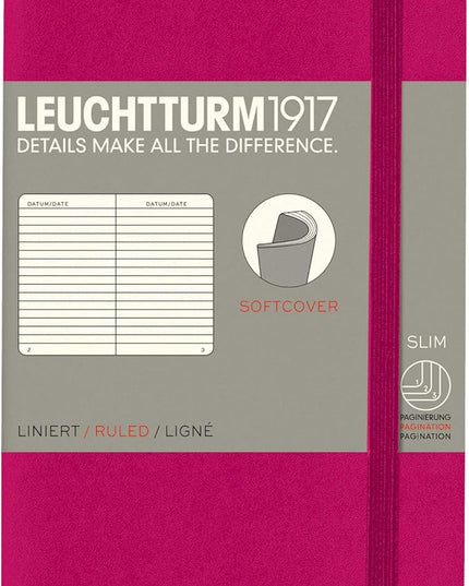 LEUCHTTURM1917 - Notebook Softcover Pocket A6-123 Numbered Pages for Writing and Journaling (Ruled, Berry)