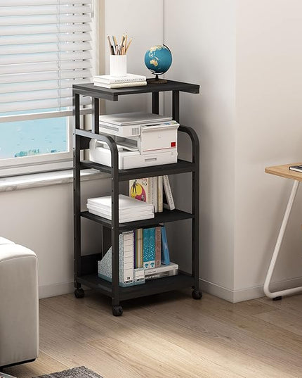Printer Stand with Adjustable Shelf, 4 Tier Large Tall Printer Table with Wheels for Home Office Storage and Organization, Rolling Stand Cart for Computer Tower CPU Shredder, Black