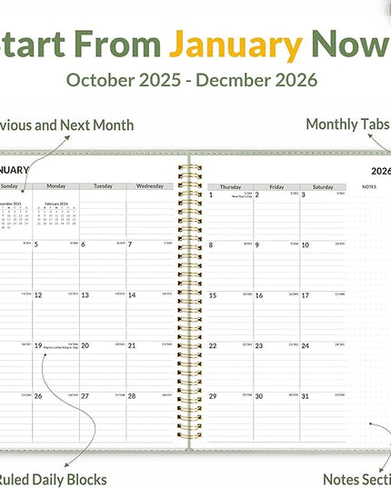 SUNEE 2026 Planner, Weekly and Monthly Calendar Planner 9"x11.2"- 12 Month (January 2026 - December 2026), Vegan Leather Cover, Pocket, Bookmark, Notes, Monthly Tab, Sage Green