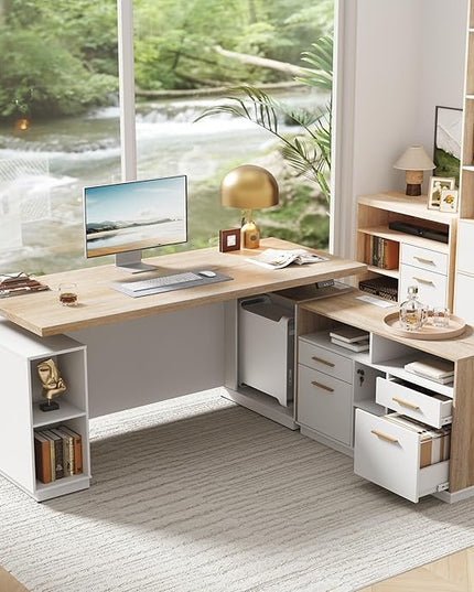 71" Standing Desk with 2 File Cabinet, AC/USB, 1.18" Desktop, L Shaped Height Adjustable Desk, Electric Furniture Set with Multiple Functions for Home and Office, Light Walnut