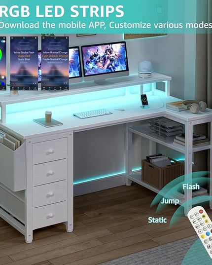 Lufeiya L Shaped Desk with Led Lights and Power Outlets, 47 Inch Writing Study Computer Gaming Desks with Fabric Drawers for Bedroom, Home Office Corner Desk with Monitor Stand Shelves, White