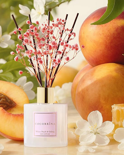Cocorrína Reed Diffuser Sets - 6.7 oz. White Peach& Oolong Scented Diffuser with 8 Sticks Home Fragrance Reed Diffuser for Bathroom Shelf Decor