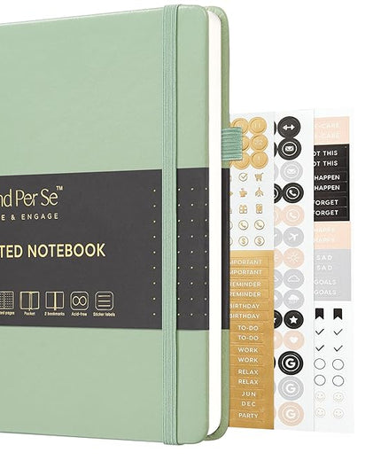 &And Per Se Dotted Journal Notebook, A5 Hardcover Leather Bullet Dotted Journal, 160 Pages 100 gsm Thick Paper, 3 Sheets of Stickers Included- 5.7'' x 8''（Light Green）
