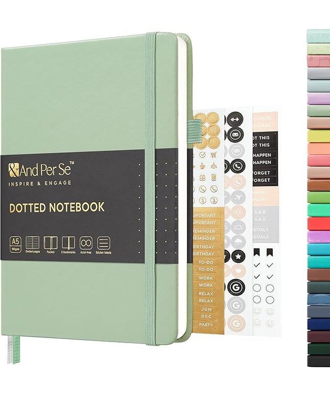 &And Per Se Dotted Journal Notebook, A5 Hardcover Leather Bullet Dotted Journal, 160 Pages 100 gsm Thick Paper, 3 Sheets of Stickers Included- 5.7'' x 8''（Light Green）