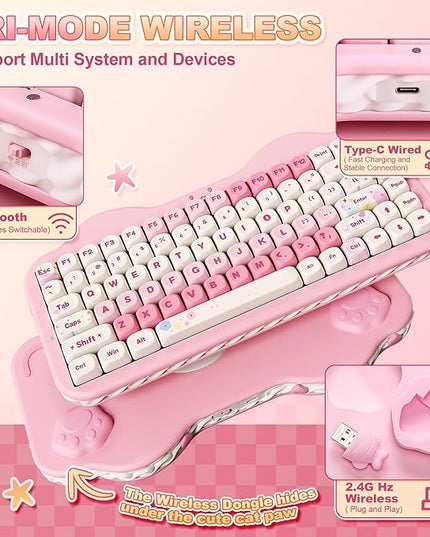 YUNZII C75 Wireless Mechanical Keyboard,75% Layout, Hot-Swappable NKRO,BT5.0/2.4G/USB-C Mode,Dye-Sub PBT MOA Keycaps,RGB Gasket Mount,Cute Cake Design for Mac/Win/Gaming (Pink, Milk V2 Switch)