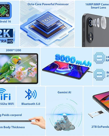 JJGJ 2026 12 Inch Android 16 Tablet with Keyboard, 24GB+256GB+2TB Expand, 2K Gemini AI Tablet with 5G WiFi, Octa-Core, 8000mAh, BT5.0, 16+8MP, 2 in 1 Tablets PC with Case, Mouse, Stylus (Silver Case)
