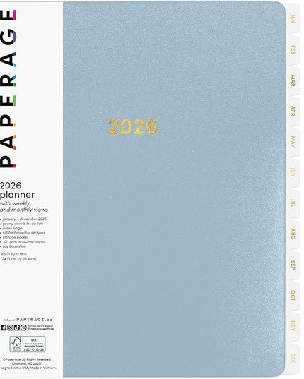 PAPERAGE 2026 Weekly & Monthly Planner, 12 Months (January 2026 - December 2026), 9.2 in x 11.2 in, Spiral Bound 2026 Planner with Weekly, Monthly & Yearly Views, Note Pages & Inner Pocket – Slate