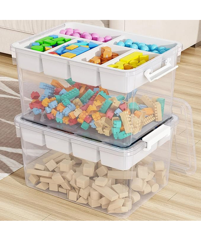 80Qt Large Stackable Storage Bins with Lids & Trays, Clear Plastic Latching Boxes Organizers with Dividers Portable 20Gal Containers for Arts & Crafts, Home and Car Trunk Organization, 2Pack