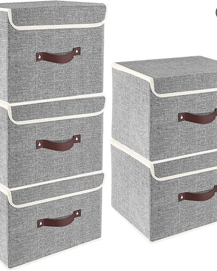 TYEERS Foldable Storage Boxes with Lids 5 Pack Fabric Storage Bins with Lids, Closet Organizers for Clothes Storage, Room Organization, Office Storage, Toys - Gray